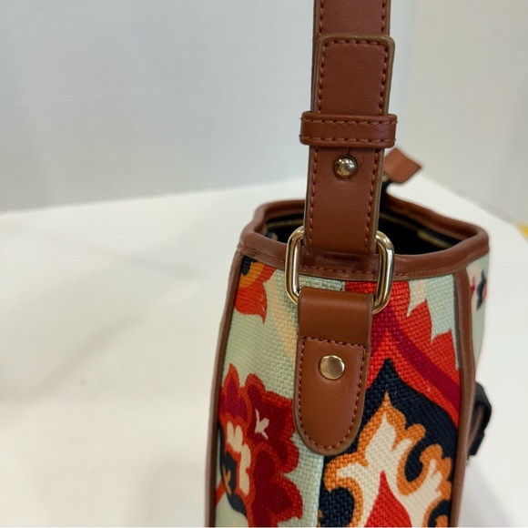 SPARTINA 449 tan leather linen in gorgeous light blue print purse bag - Picture 7 of 16